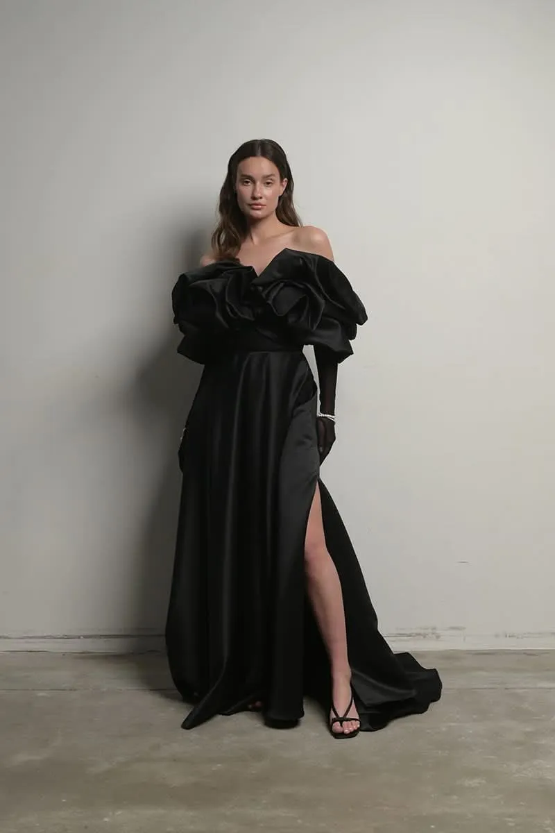 BLACK CORSET DRESS GOWN WITH MERINGUE FLOUNCES