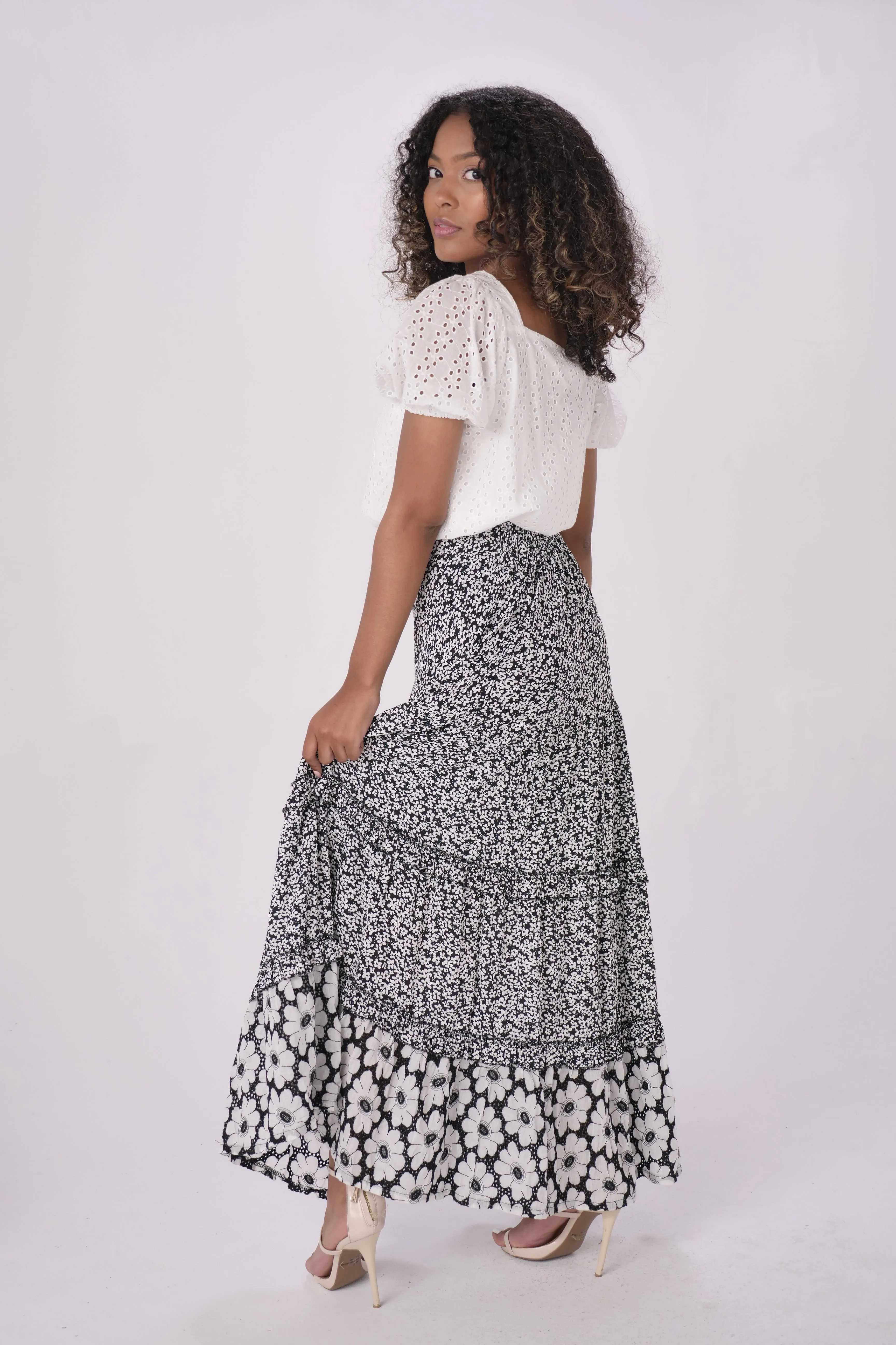 Black Floral Print Tiered Maxi Skirt