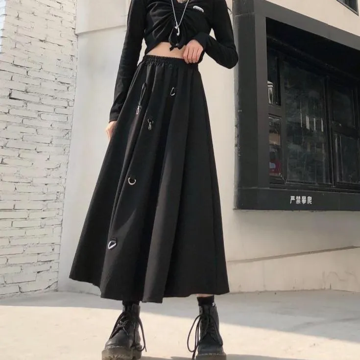 Black Goth Aesthetic Metal Ring Long Skirt