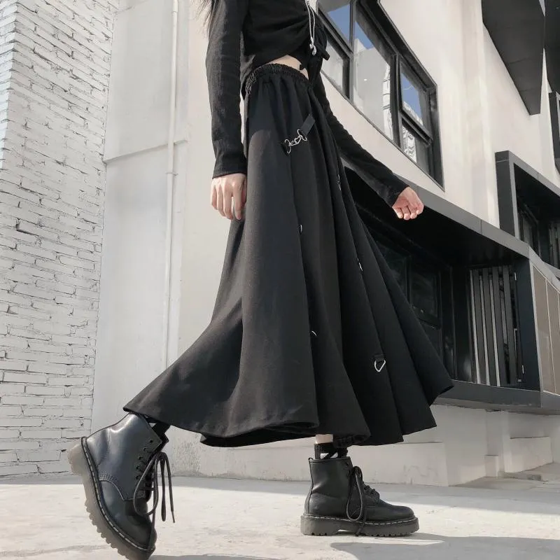 Black Goth Aesthetic Metal Ring Long Skirt