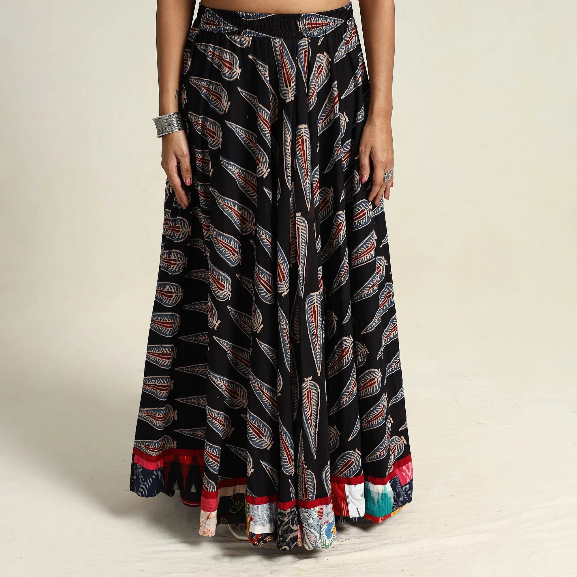 Black - Hand Block Printed Cotton Long Ajrakh Skirt 17