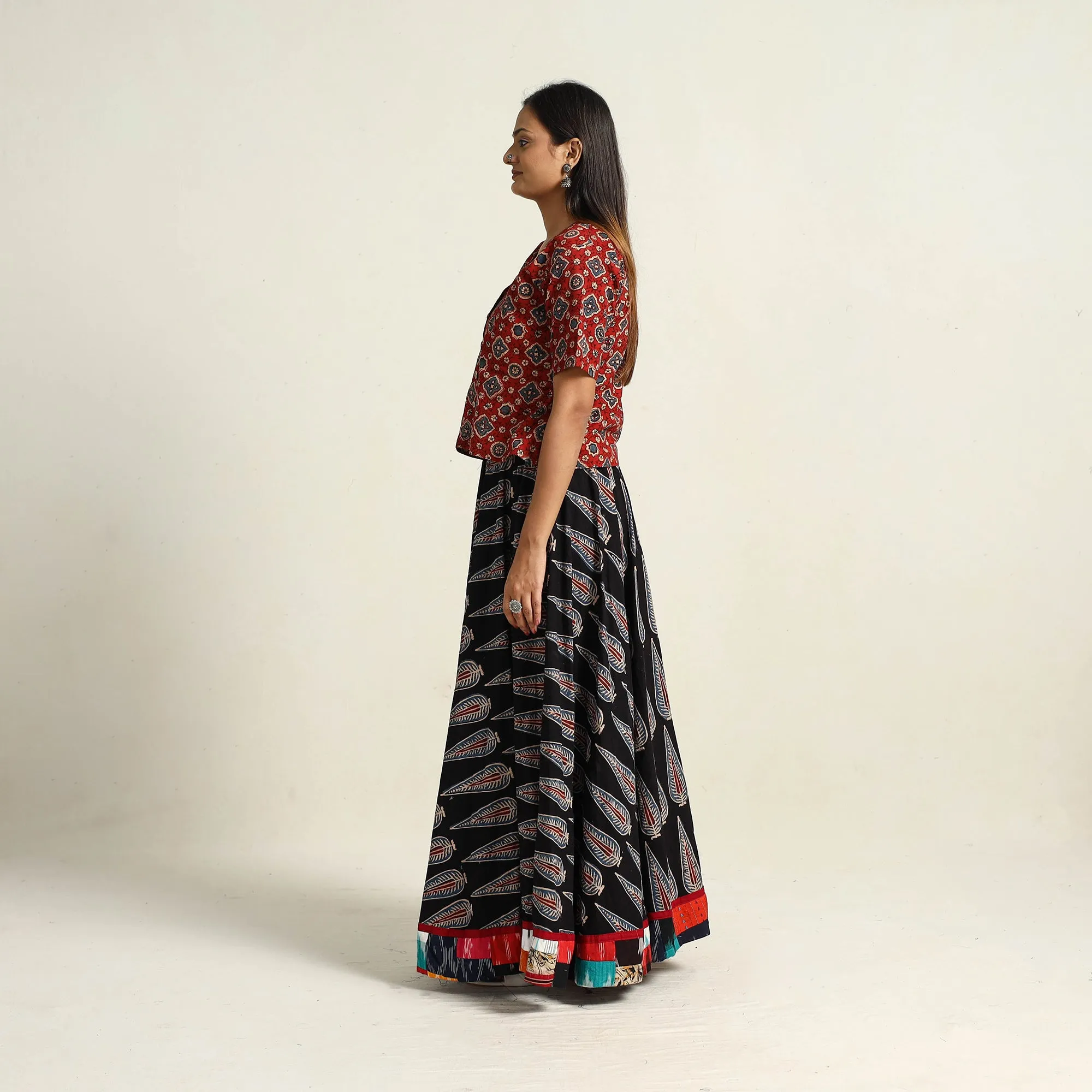 Black - Hand Block Printed Cotton Long Ajrakh Skirt 17