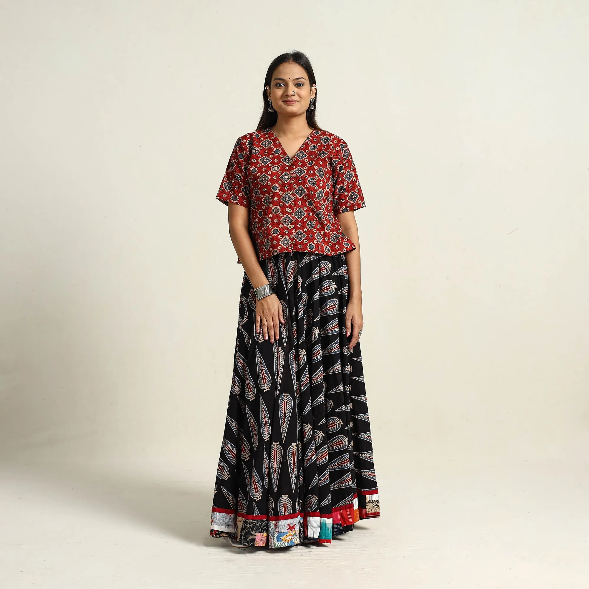 Black - Hand Block Printed Cotton Long Ajrakh Skirt 17