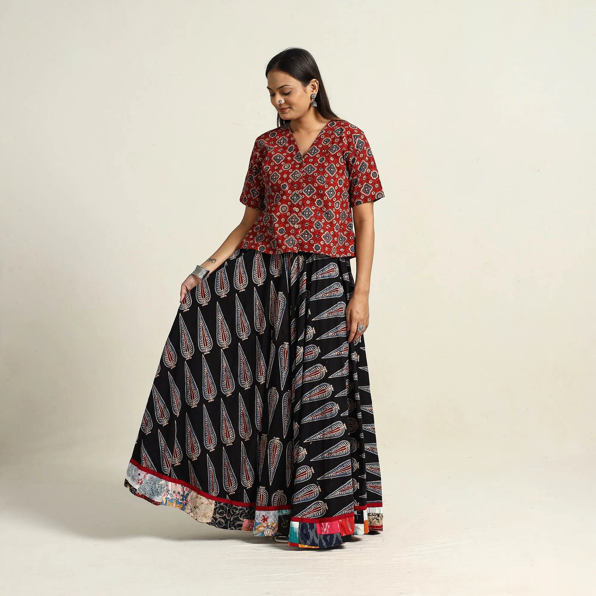 Black - Hand Block Printed Cotton Long Ajrakh Skirt 17