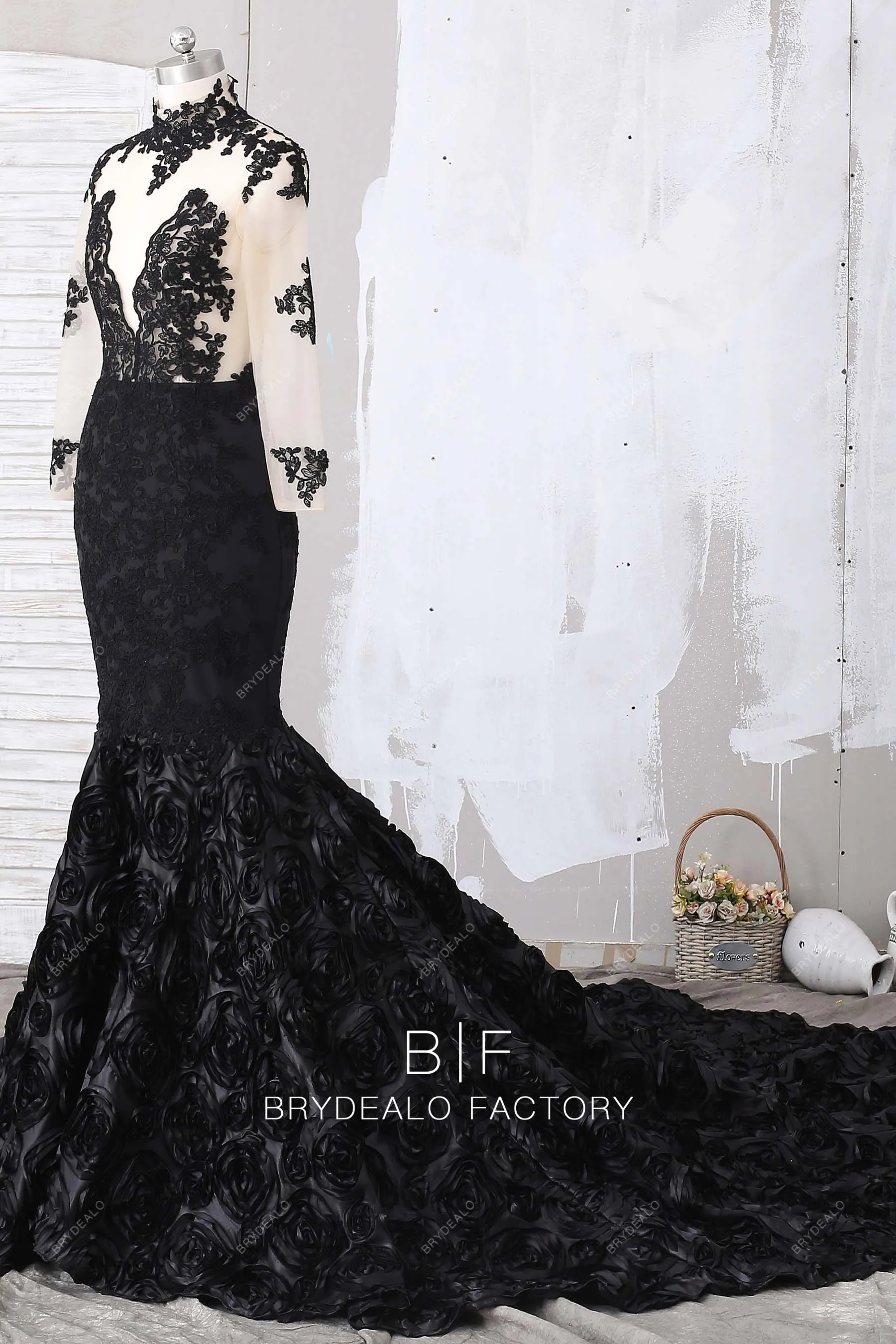 Black Lace 3D Rosette Mermaid Sheer Long Sleeves Prom Dress