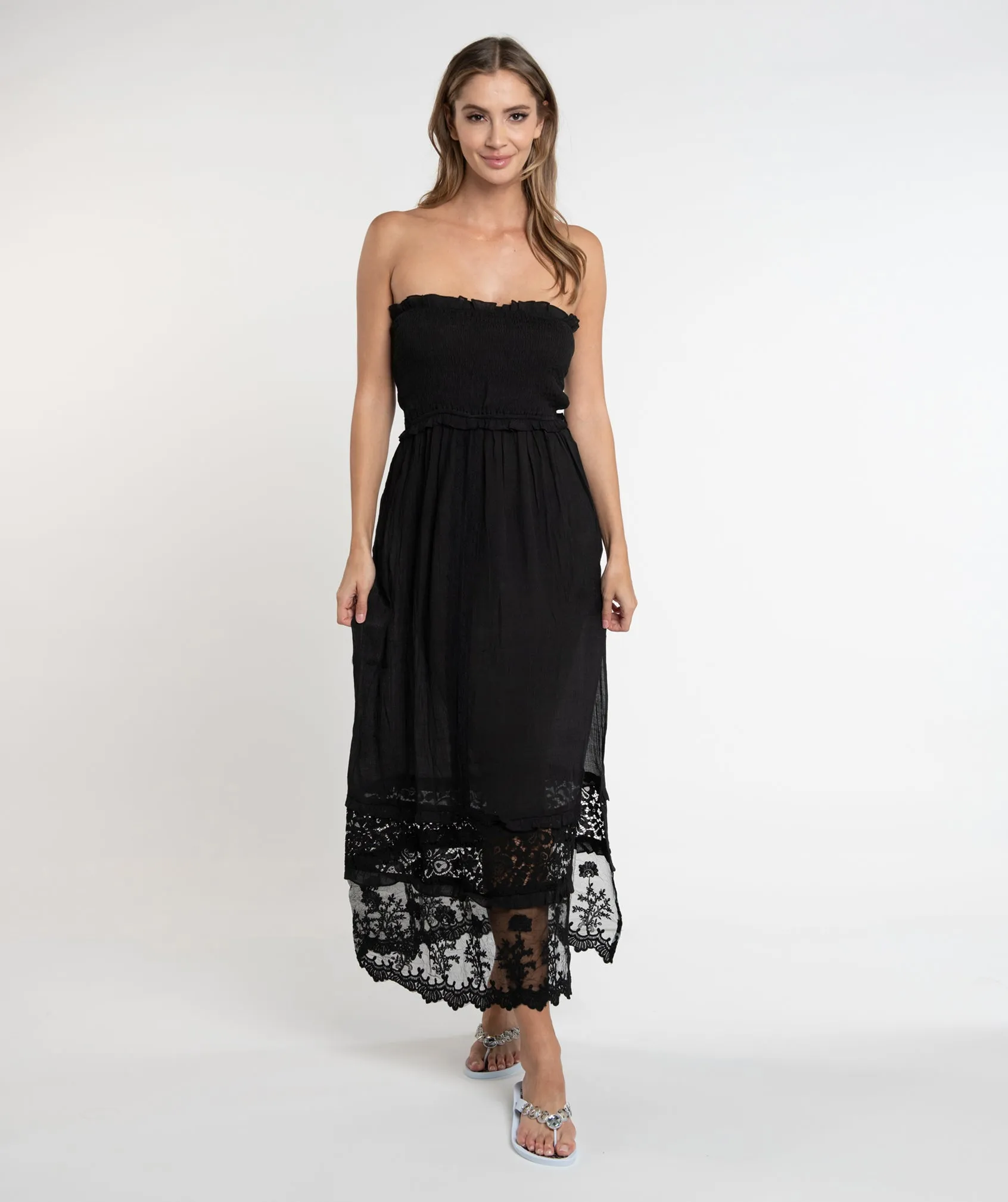 Black Lace Trim Maxi Dress with Slip-On Design