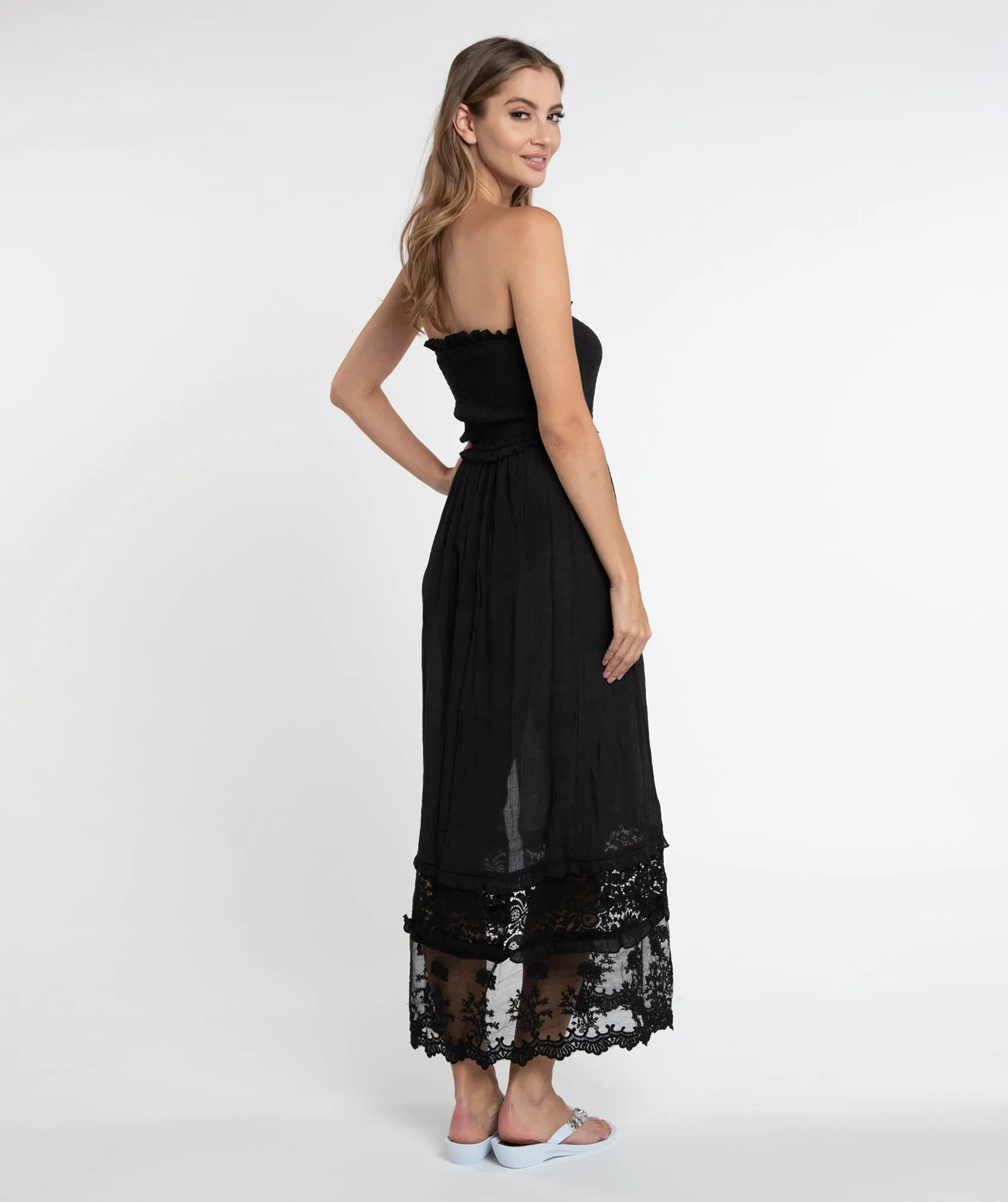 Black Lace Trim Maxi Dress with Slip-On Design