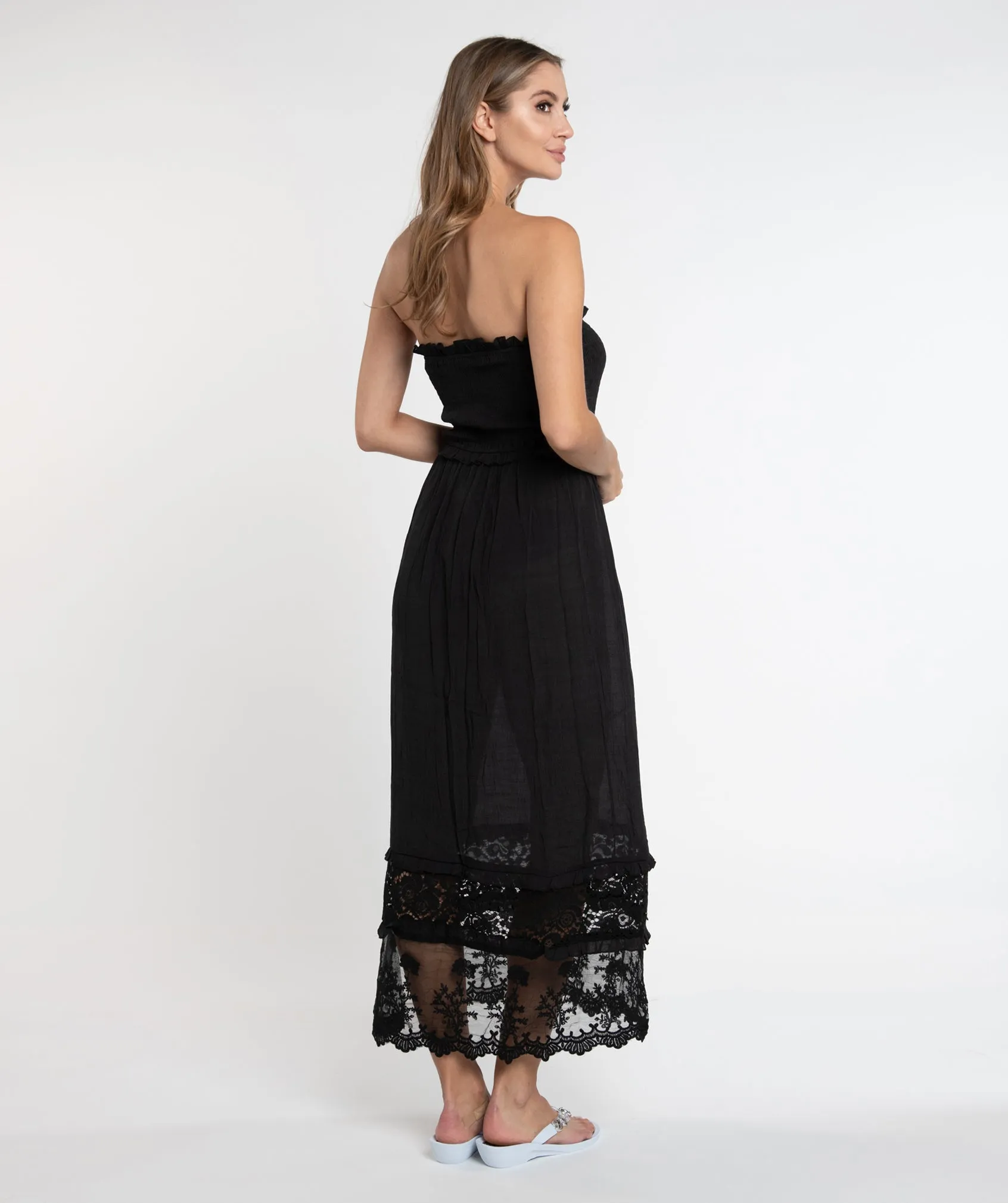 Black Lace Trim Maxi Dress with Slip-On Design