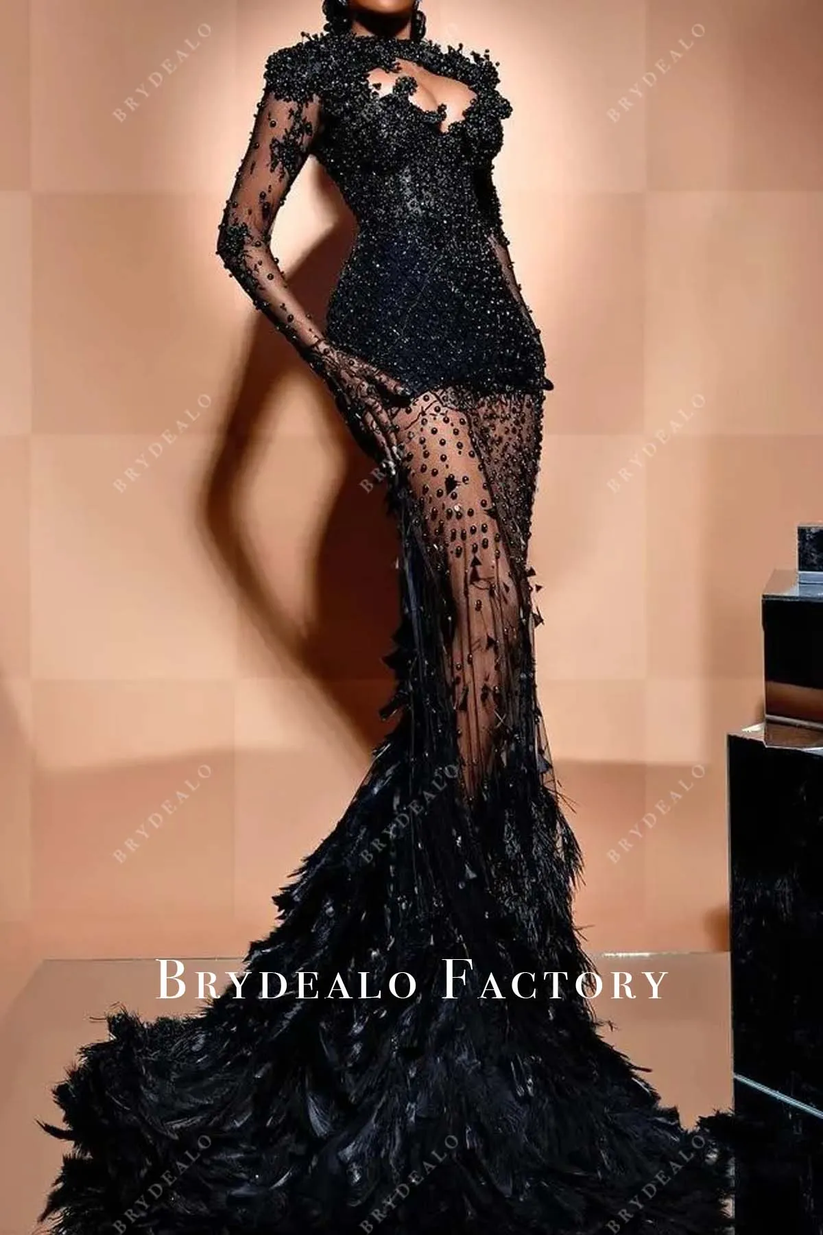 Black Pearls Sheer Long Sleeve Mermaid Formal Dress