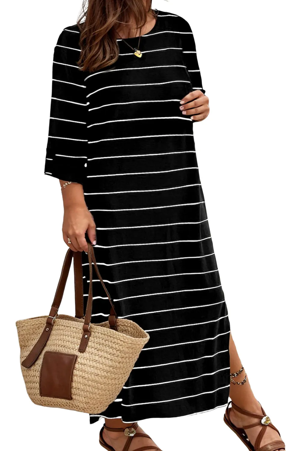 Black Plus Size Striped Loose Shift Maxi Dress