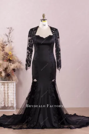 Black Queen Anne Neck Lace Sleeve Illusion Cutout Mermaid Wedding Dress