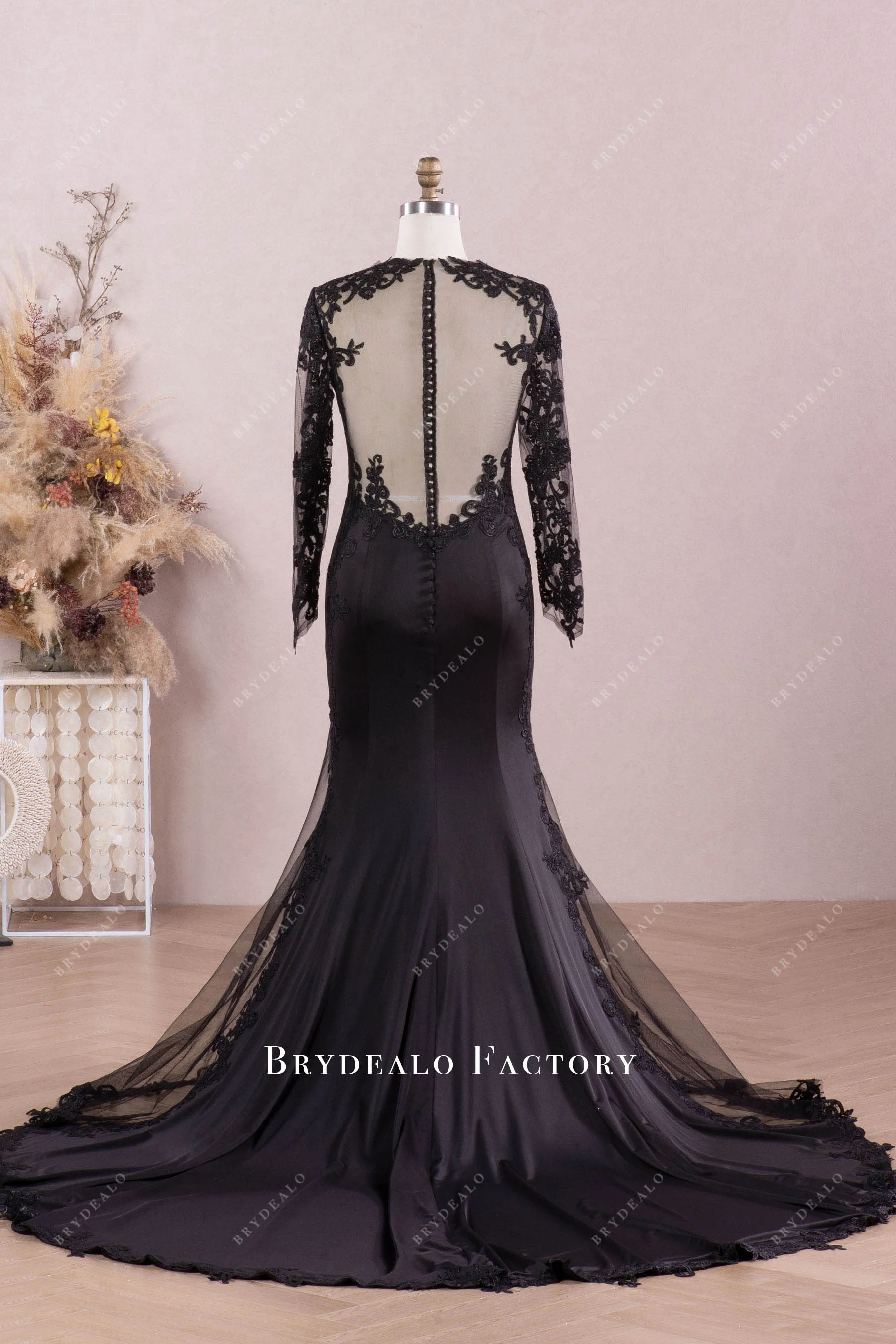 Black Queen Anne Neck Lace Sleeve Illusion Cutout Mermaid Wedding Dress