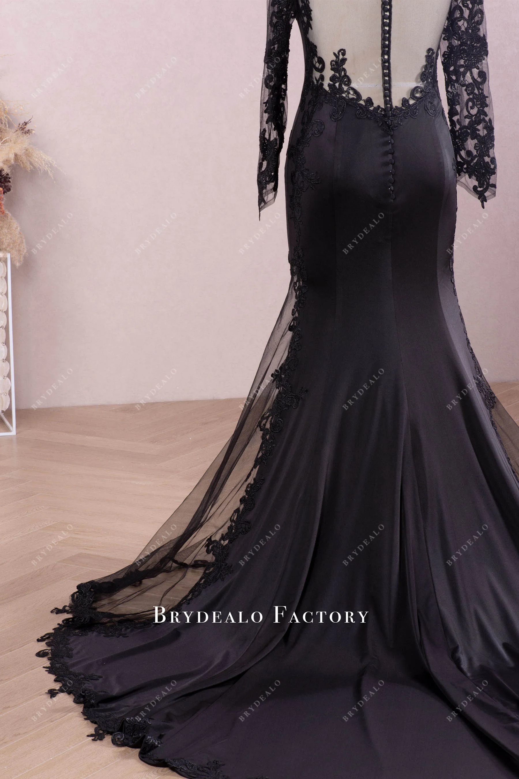 Black Queen Anne Neck Lace Sleeve Illusion Cutout Mermaid Wedding Dress