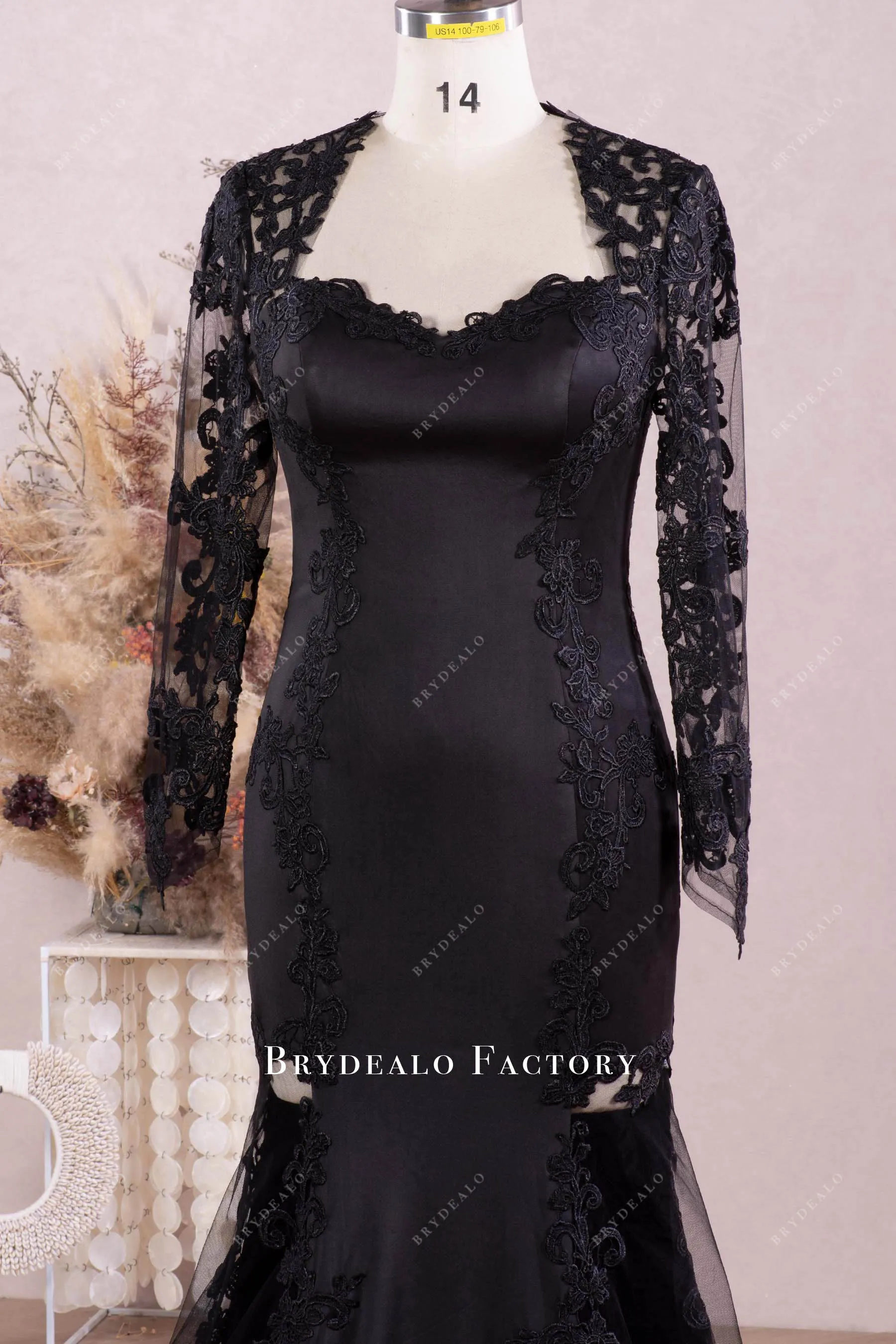 Black Queen Anne Neck Lace Sleeve Illusion Cutout Mermaid Wedding Dress