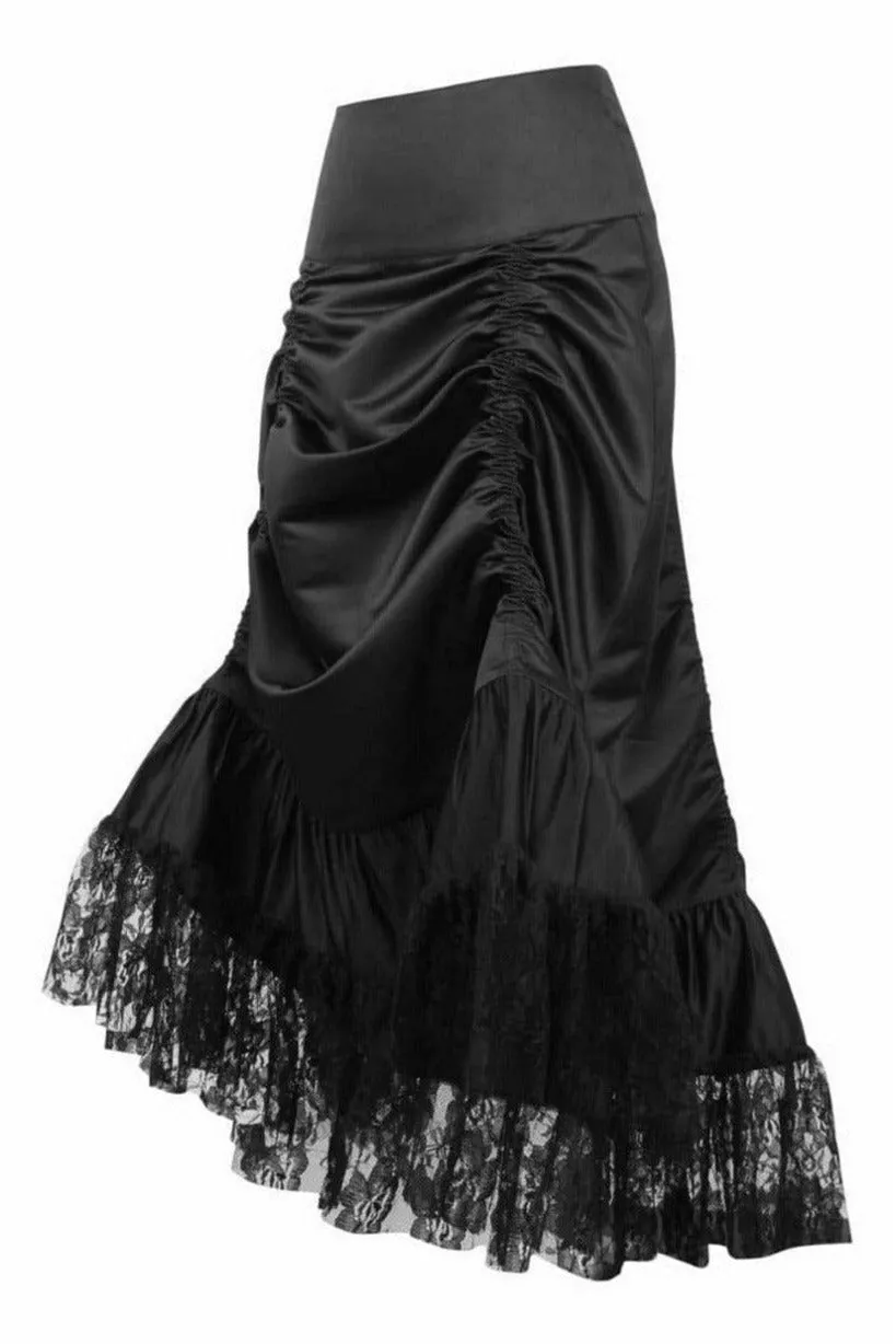 Black Satin & Lace Gothic Long Hi Low Bustle Skirt