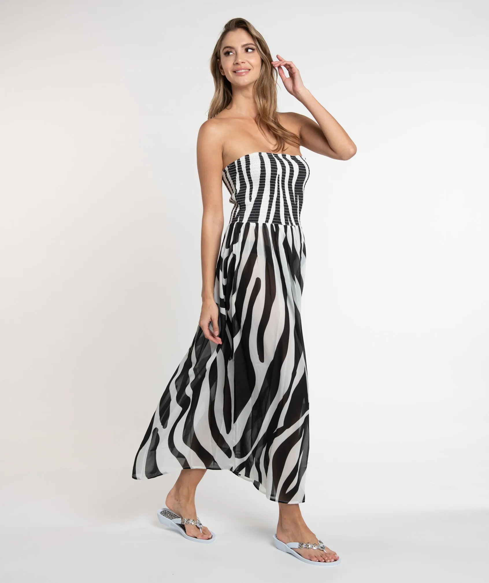 Black/White Animal Print Maxi Dress with Bandeau Top