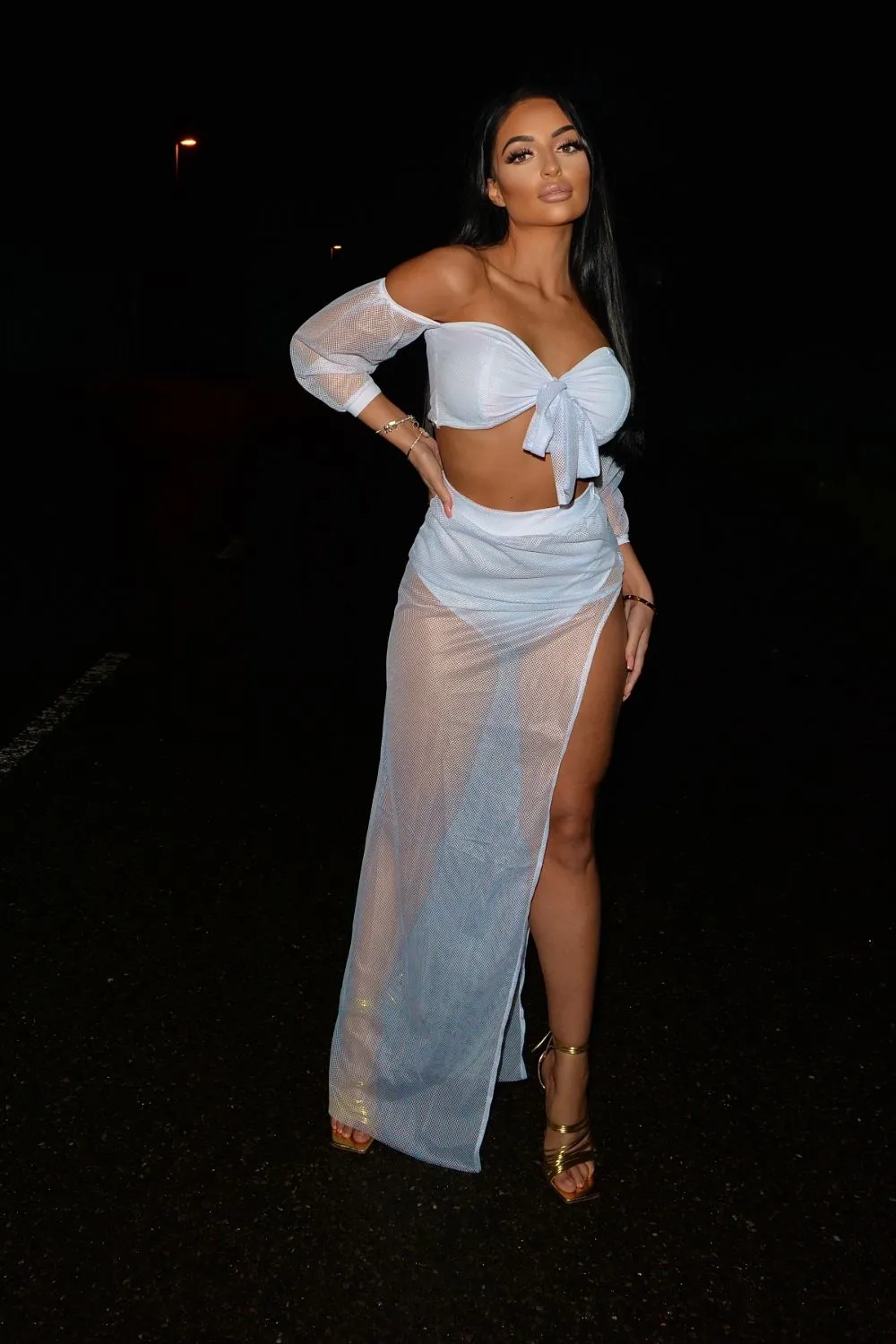 Blow My Mind White Sheer Mesh Bardot Cropped Top Maxi Slit Co ord Two Piece Set