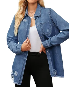 Blue Frayed Hem Distressed Button-Down Denim Jacket