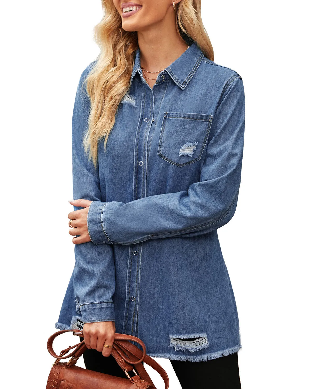 Blue Frayed Hem Distressed Button-Down Denim Jacket