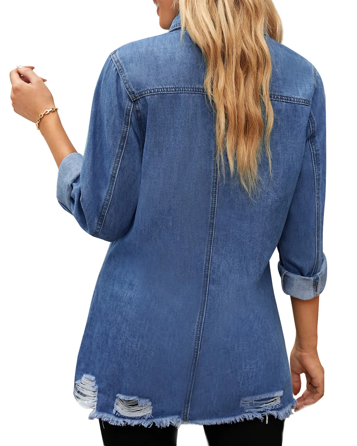 Blue Frayed Hem Distressed Button-Down Denim Jacket