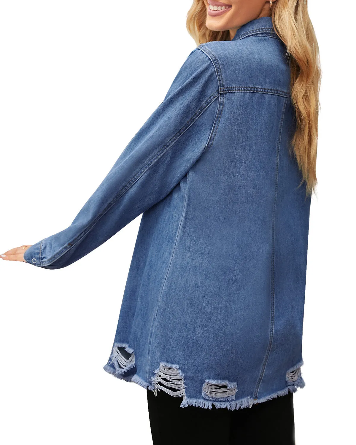 Blue Frayed Hem Distressed Button-Down Denim Jacket