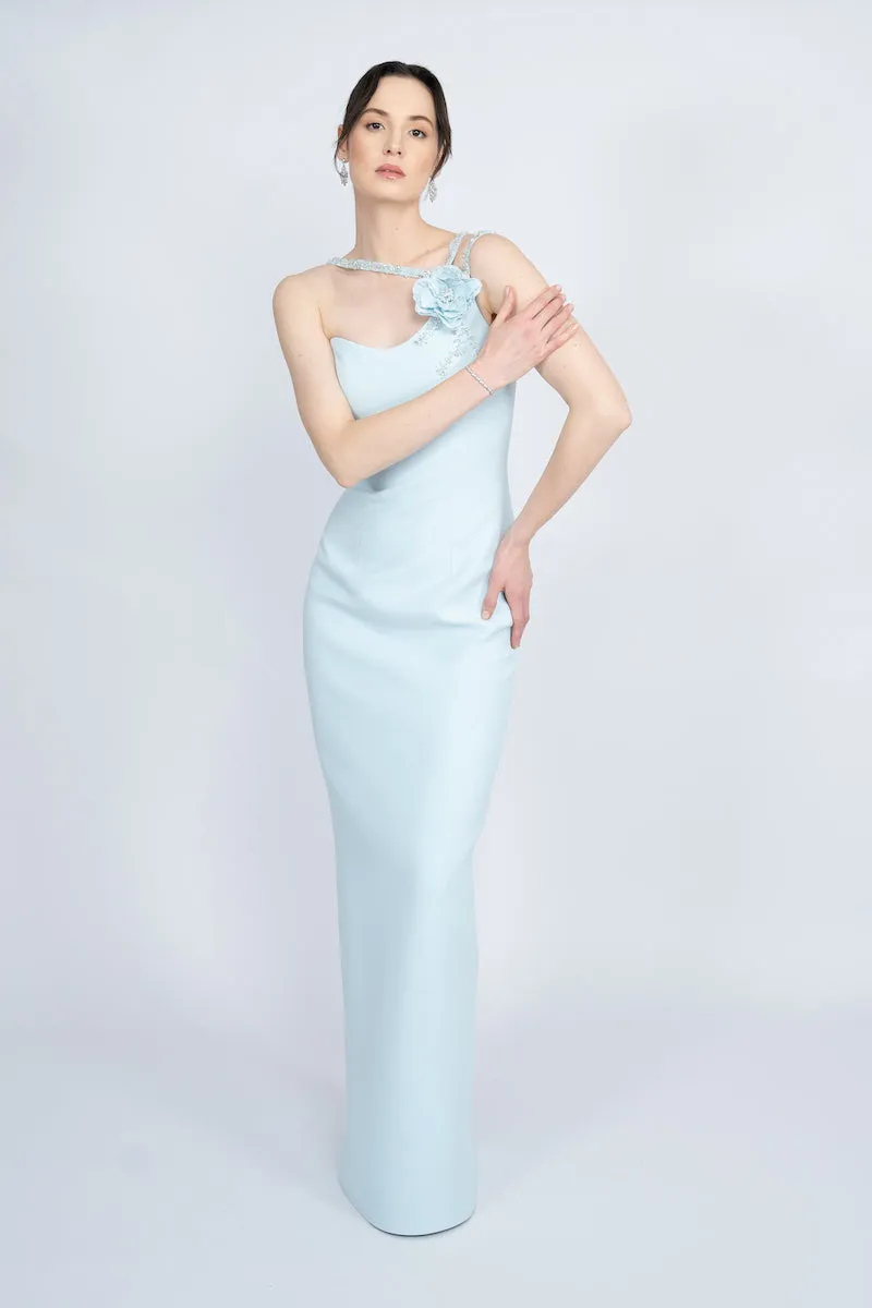 BLUE ONE-SHOULDER LONG DRESS