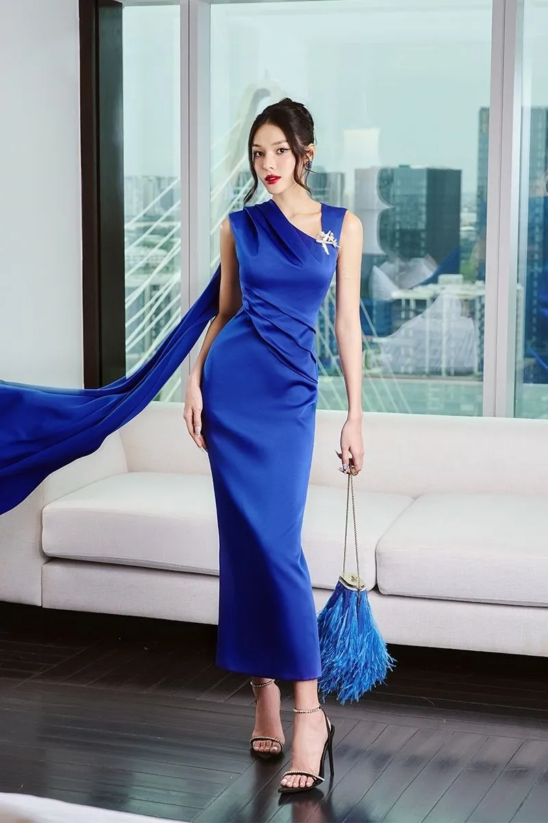 BLUE SILK PLEATED MIDI DRESS