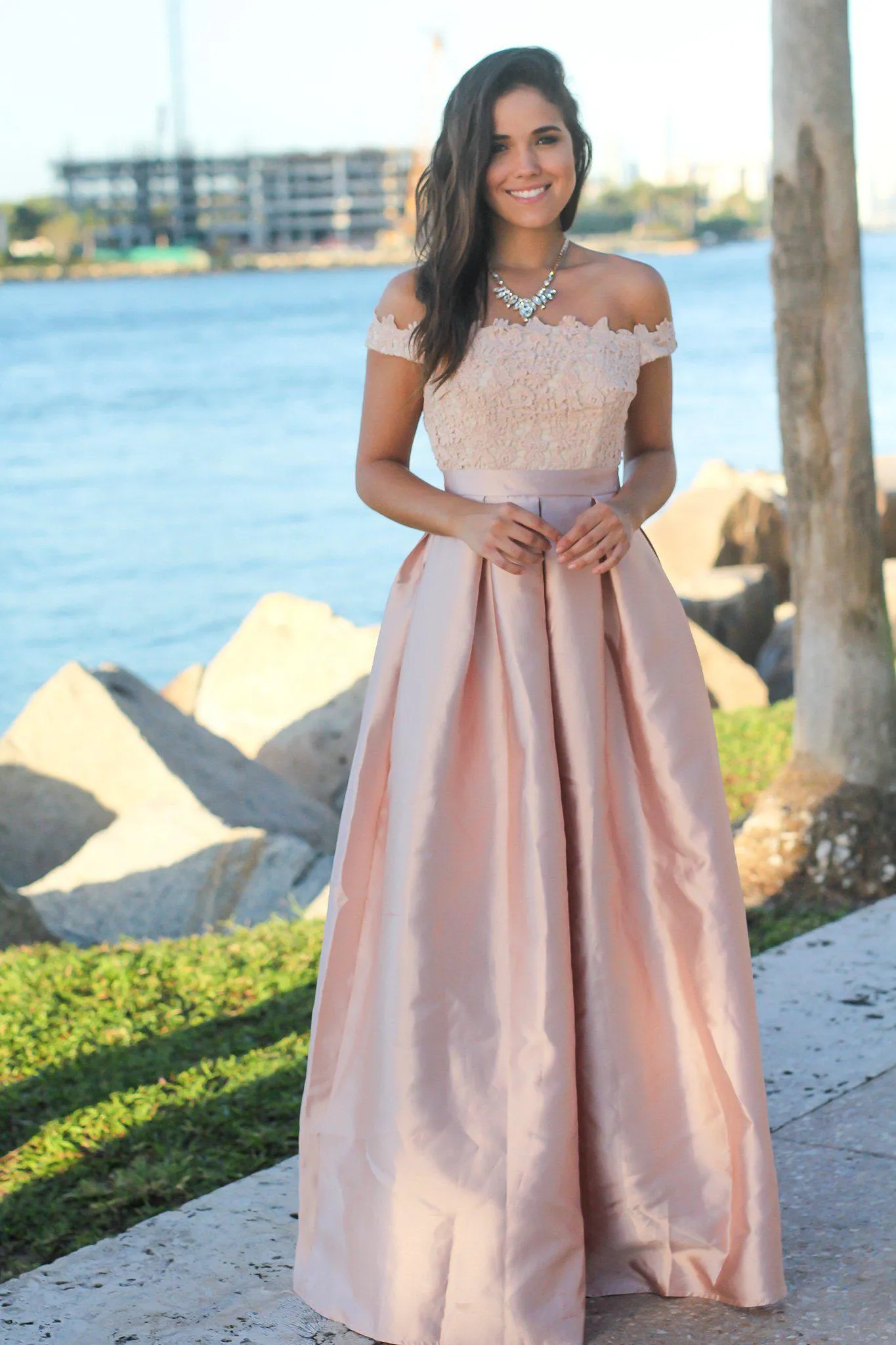 Blush and Cream Crochet Top Maxi Dress