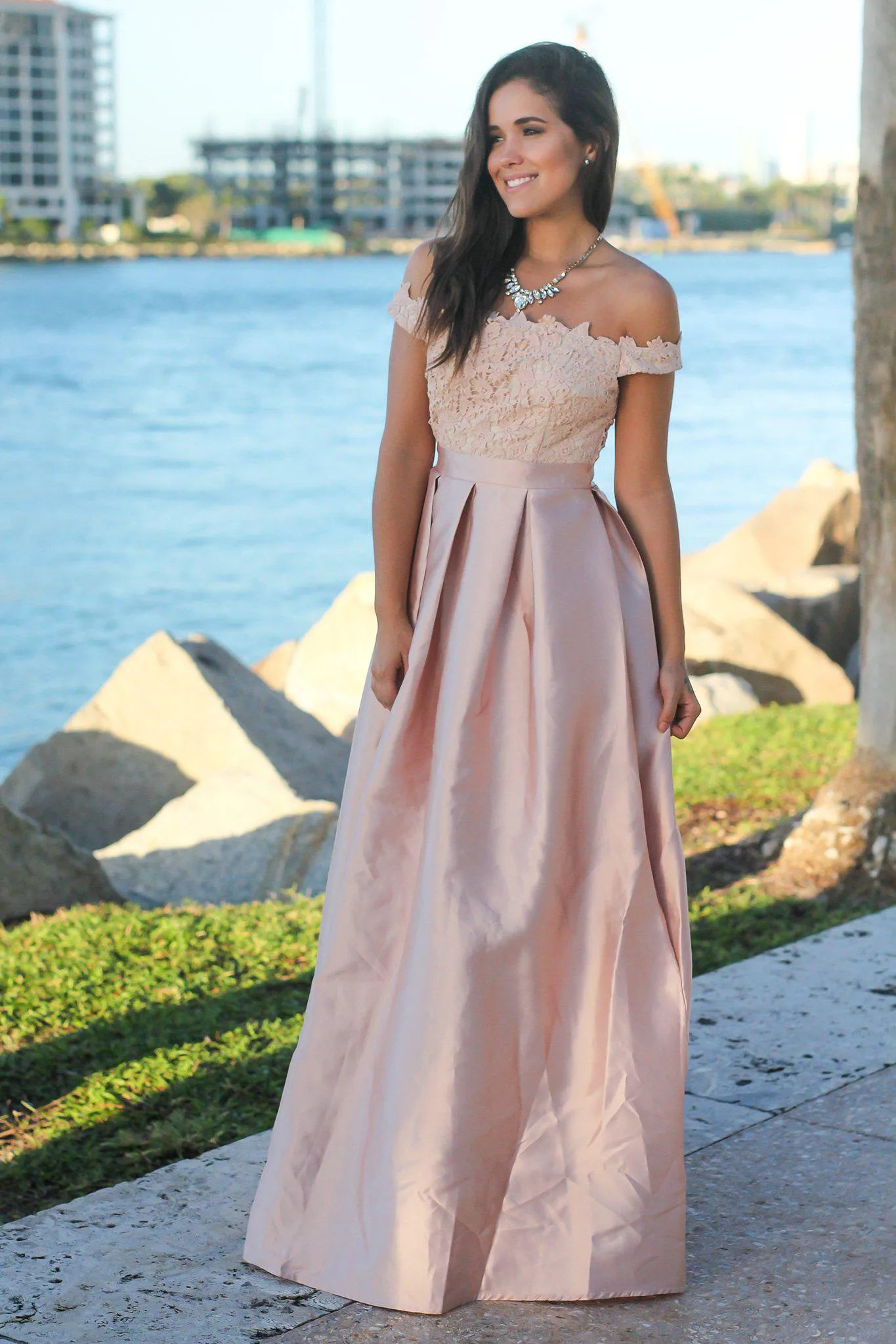 Blush and Cream Crochet Top Maxi Dress