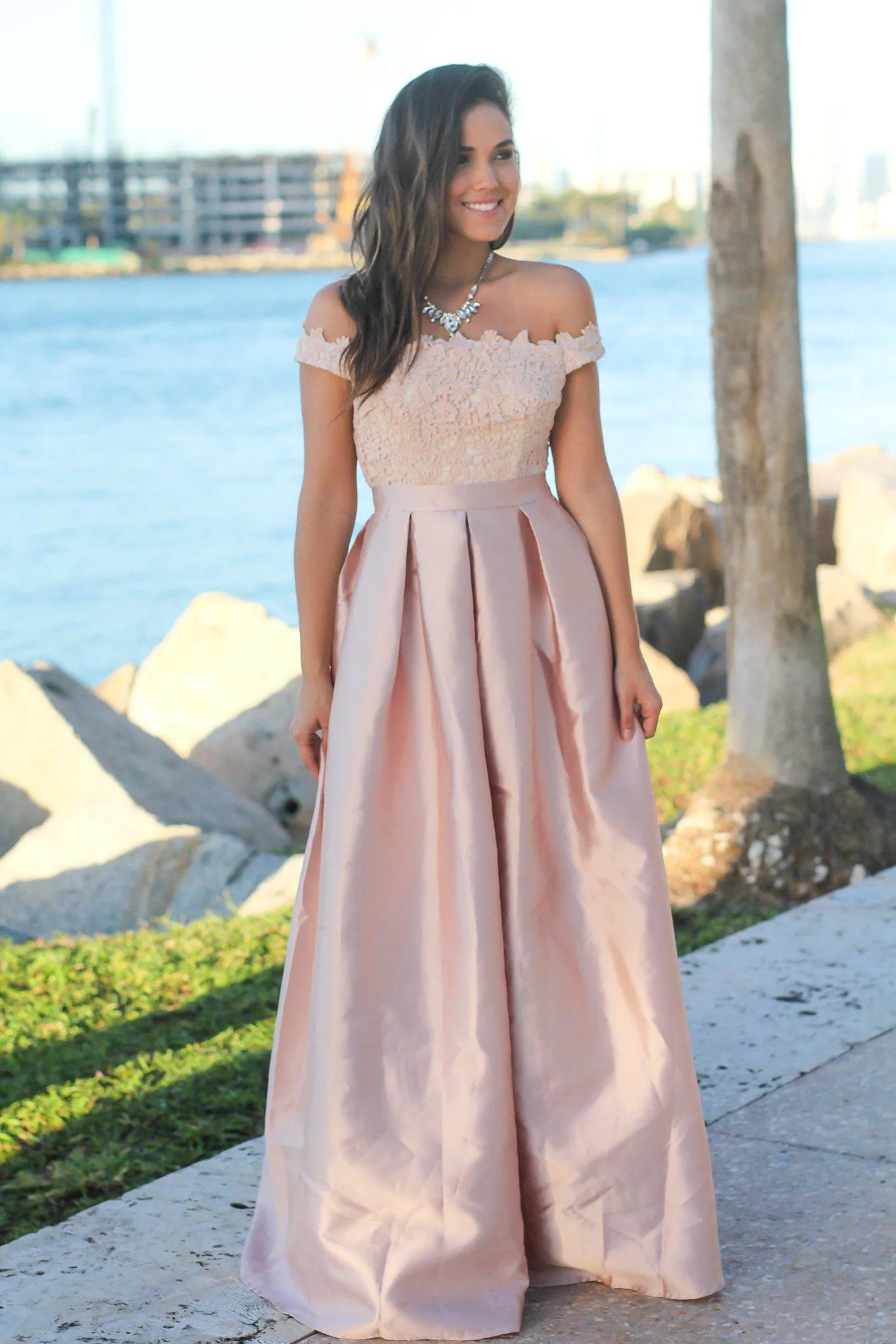 Blush and Cream Crochet Top Maxi Dress