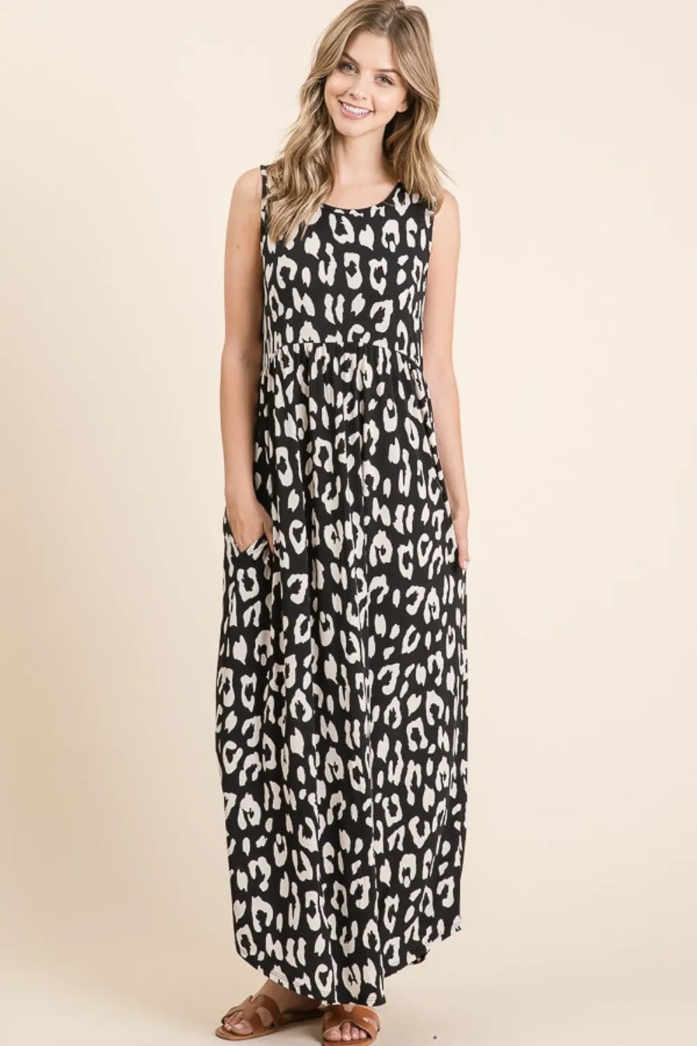 BOMBOM Leopard Maxi Dress with Pockets