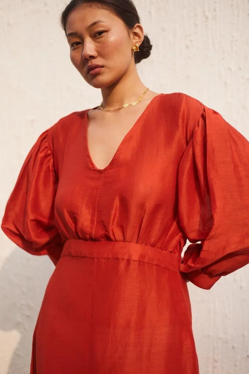 Brick Orange Linen Silk- Mayfair Maxi Dress