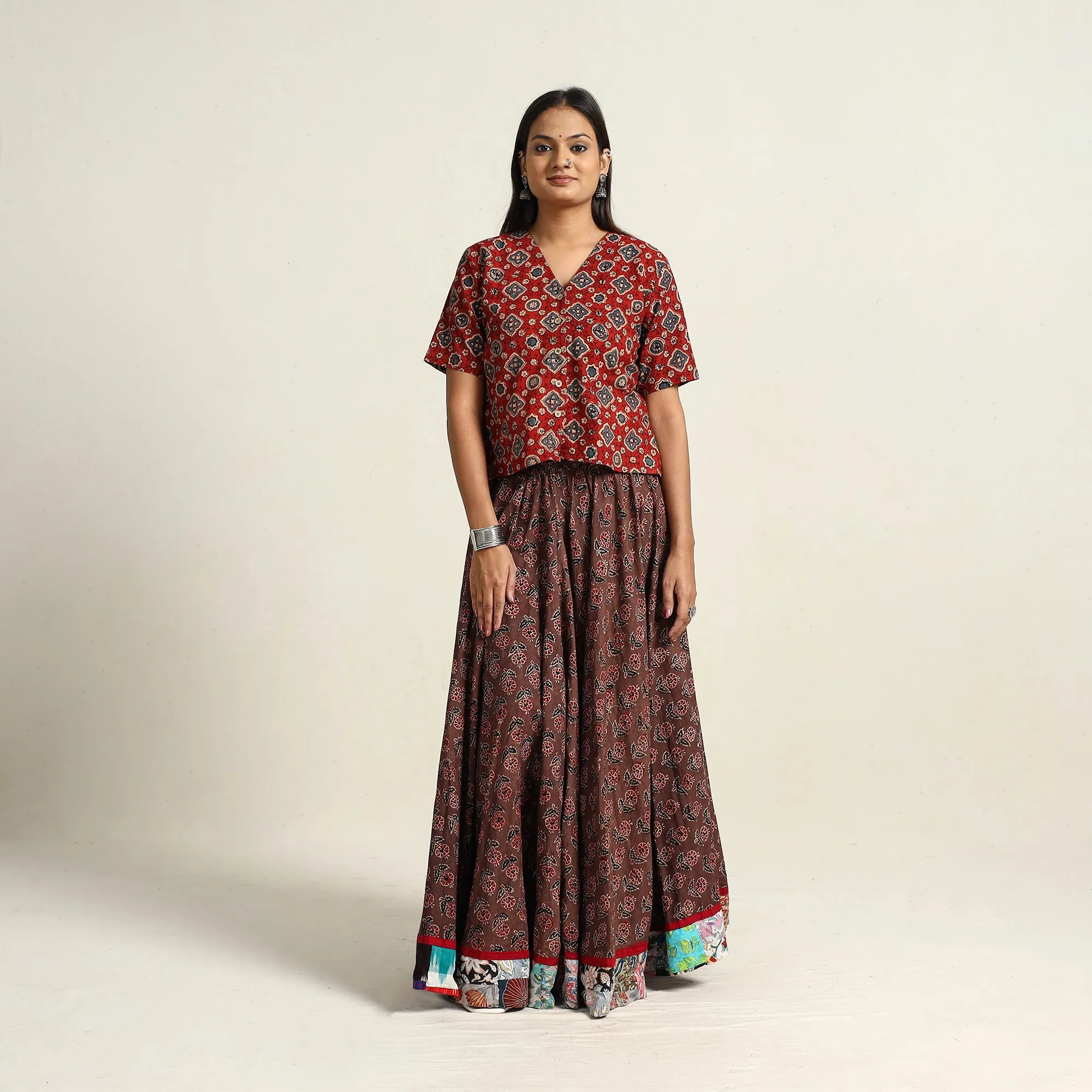 Brown - Hand Block Printed Cotton Long Ajrakh Skirt 12