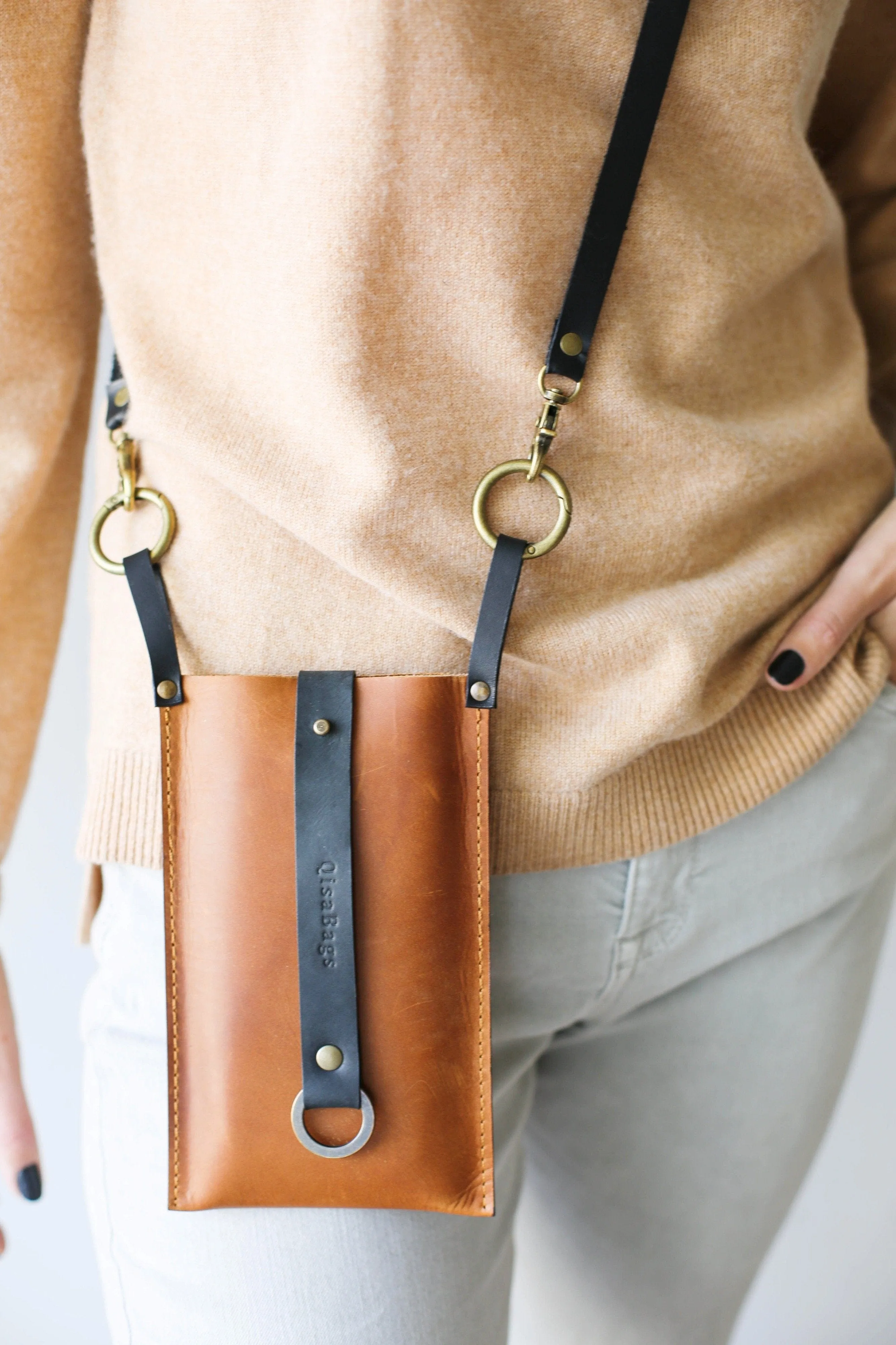 Brown with Black Leather Phone Bag