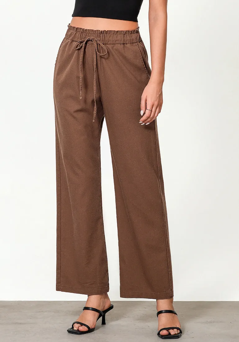 Brown Women's Casual Full Length Elastic High Waist Relaxed Fit Wide Leg Pants with Pocket