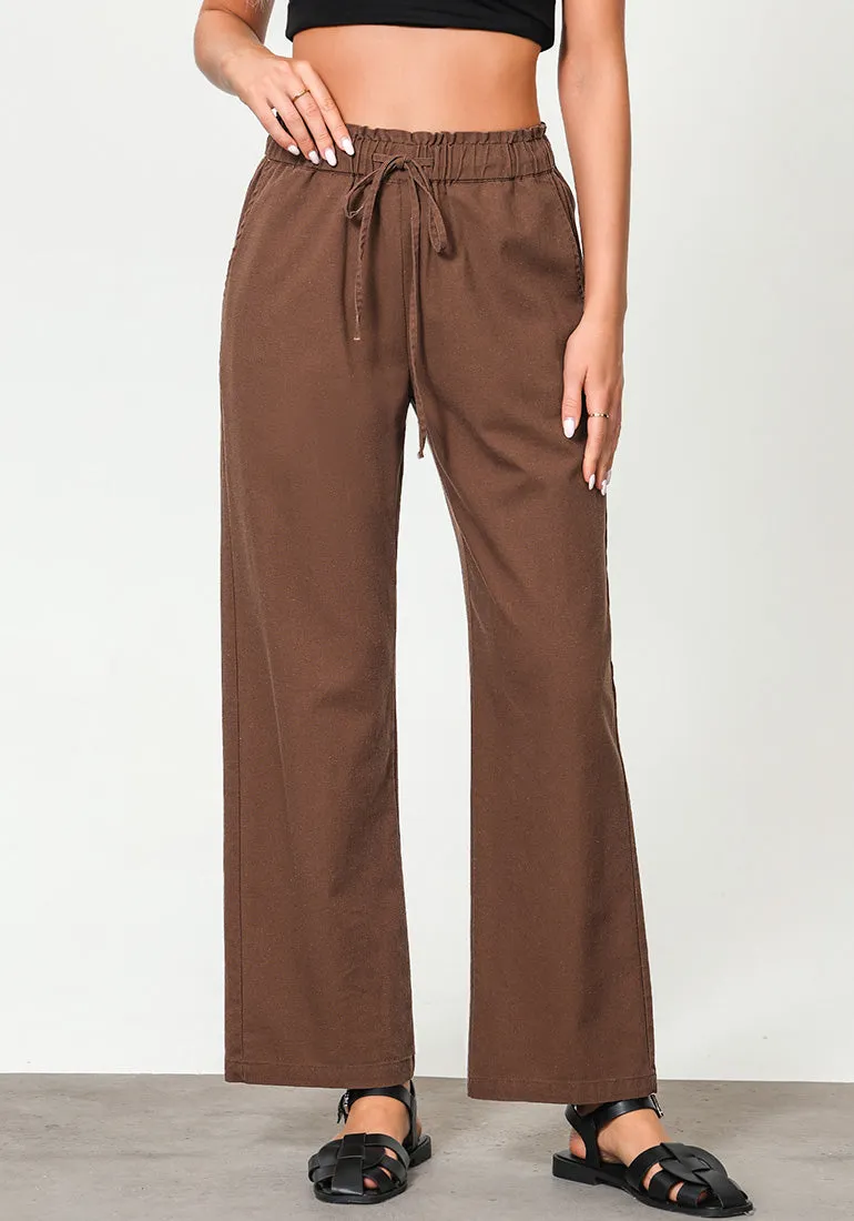 Brown Women's Casual Full Length Elastic High Waist Relaxed Fit Wide Leg Pants with Pocket