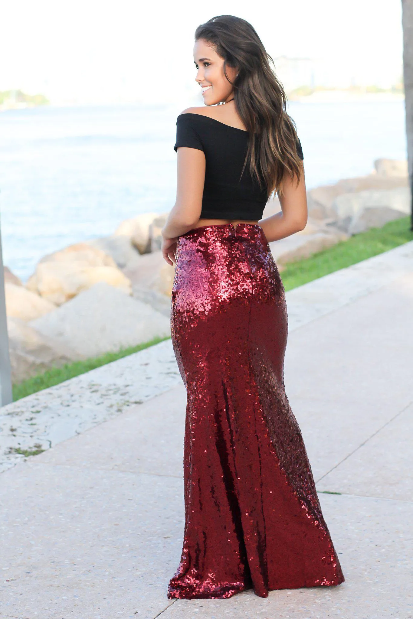 Burgundy Sequined Maxi Skirt