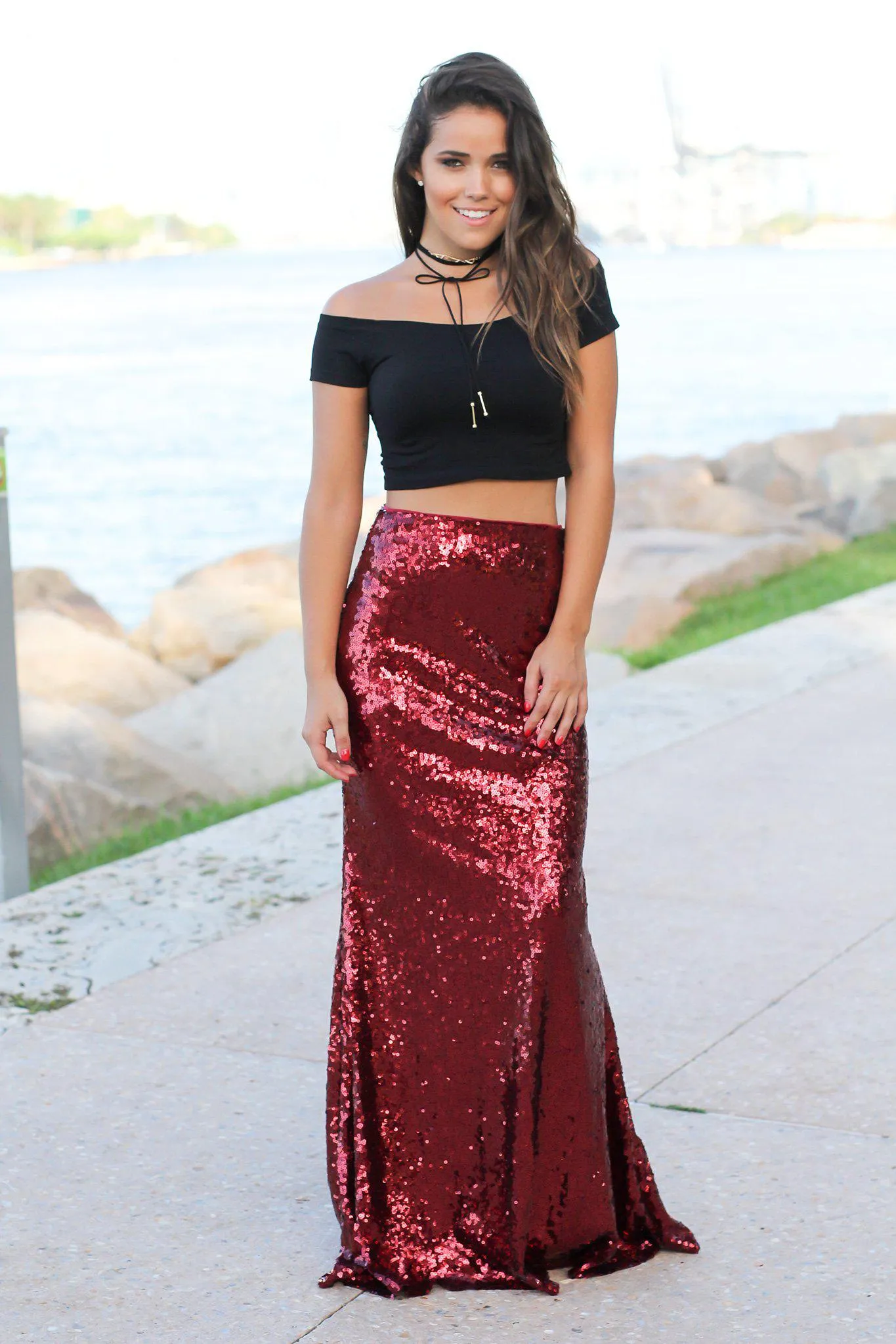 Burgundy Sequined Maxi Skirt