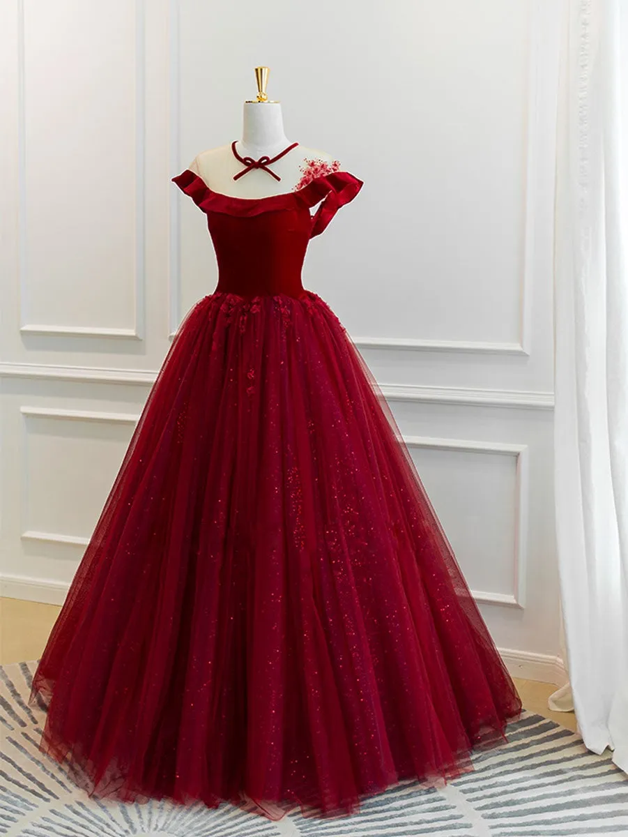 Burgundy tulle lace long prom dress, burgundy tulle evening dress