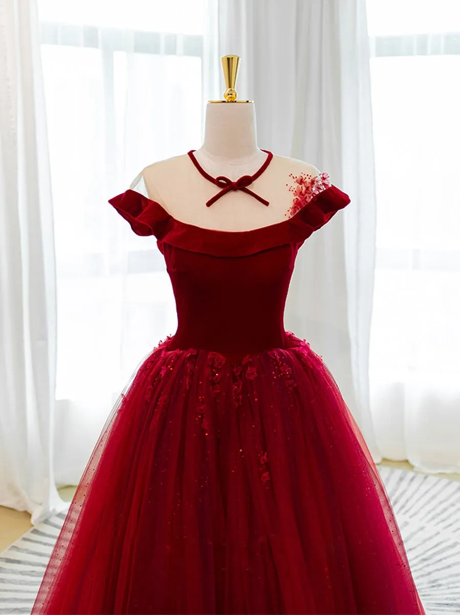 Burgundy tulle lace long prom dress, burgundy tulle evening dress