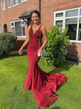 Burgundy v neck lace mermaid long prom dress, burgundy evening dress