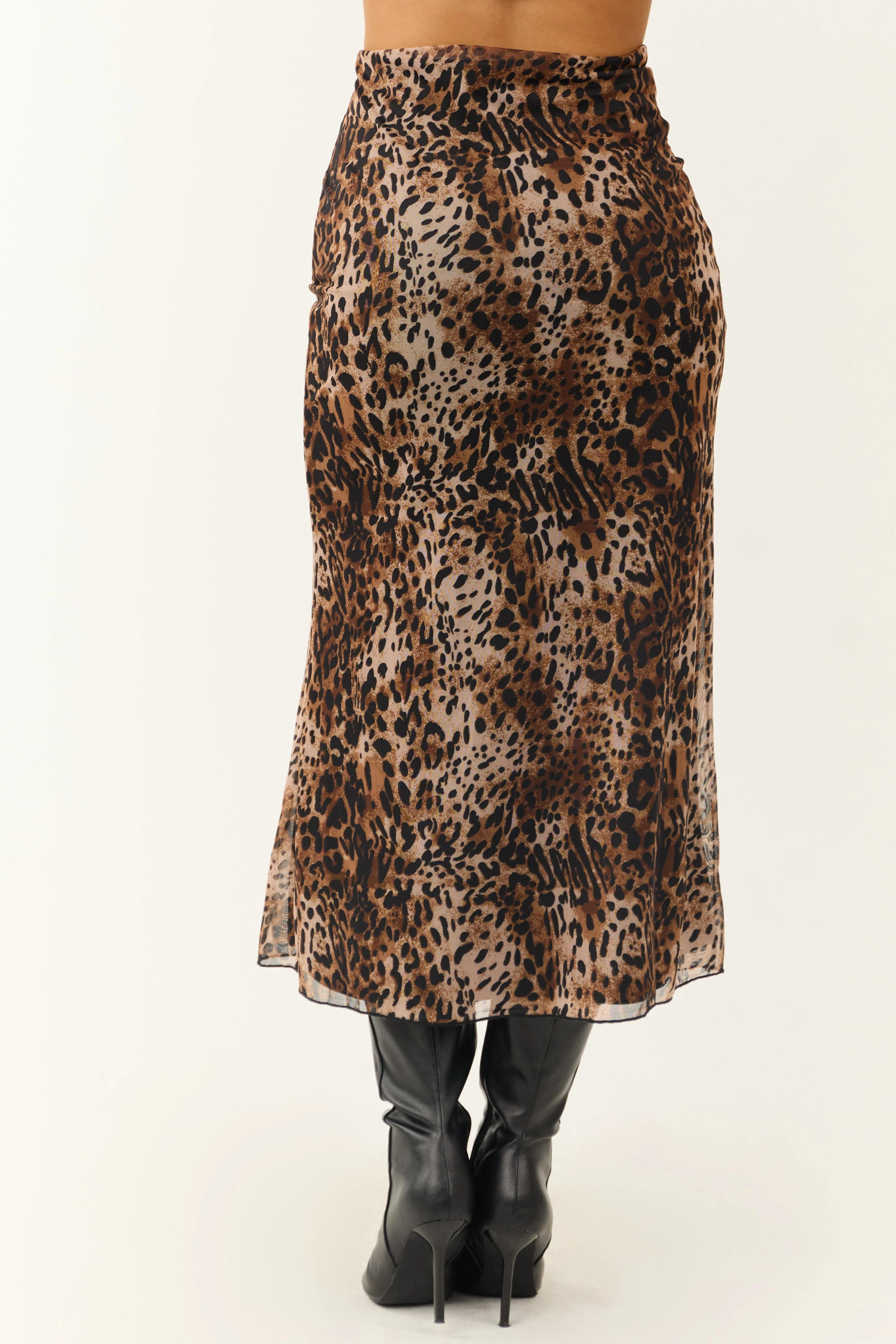 Camel and Black Leopard Print Midi Skirt