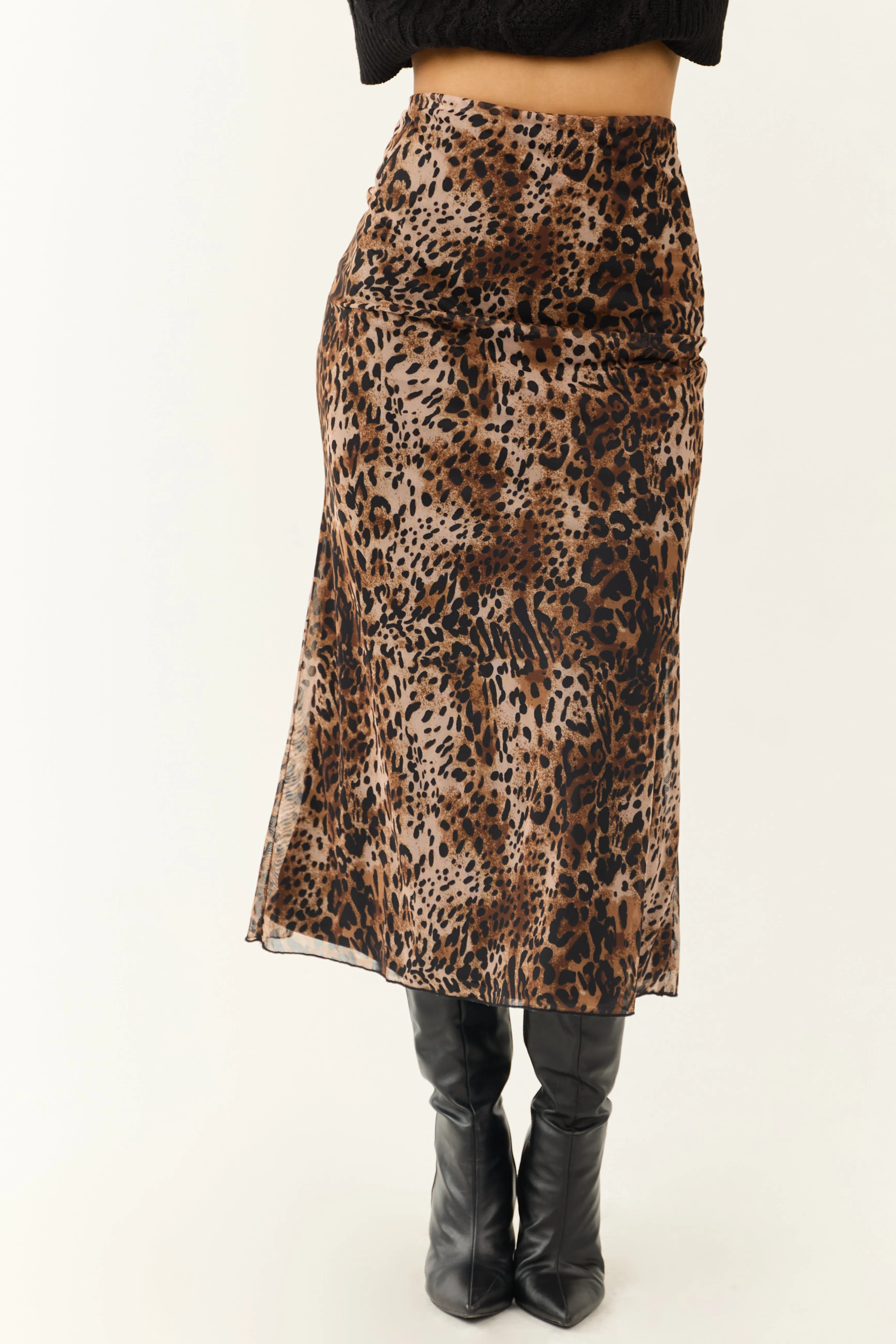 Camel and Black Leopard Print Midi Skirt