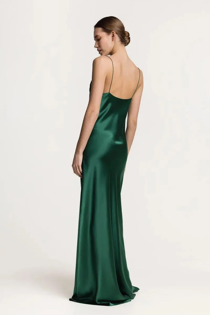 CAROLYN EMERALD SCOOP-NECK SILK SATIN MAXI DRESS