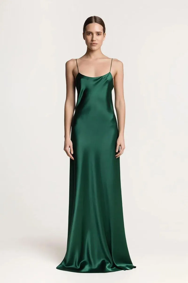 CAROLYN EMERALD SCOOP-NECK SILK SATIN MAXI DRESS