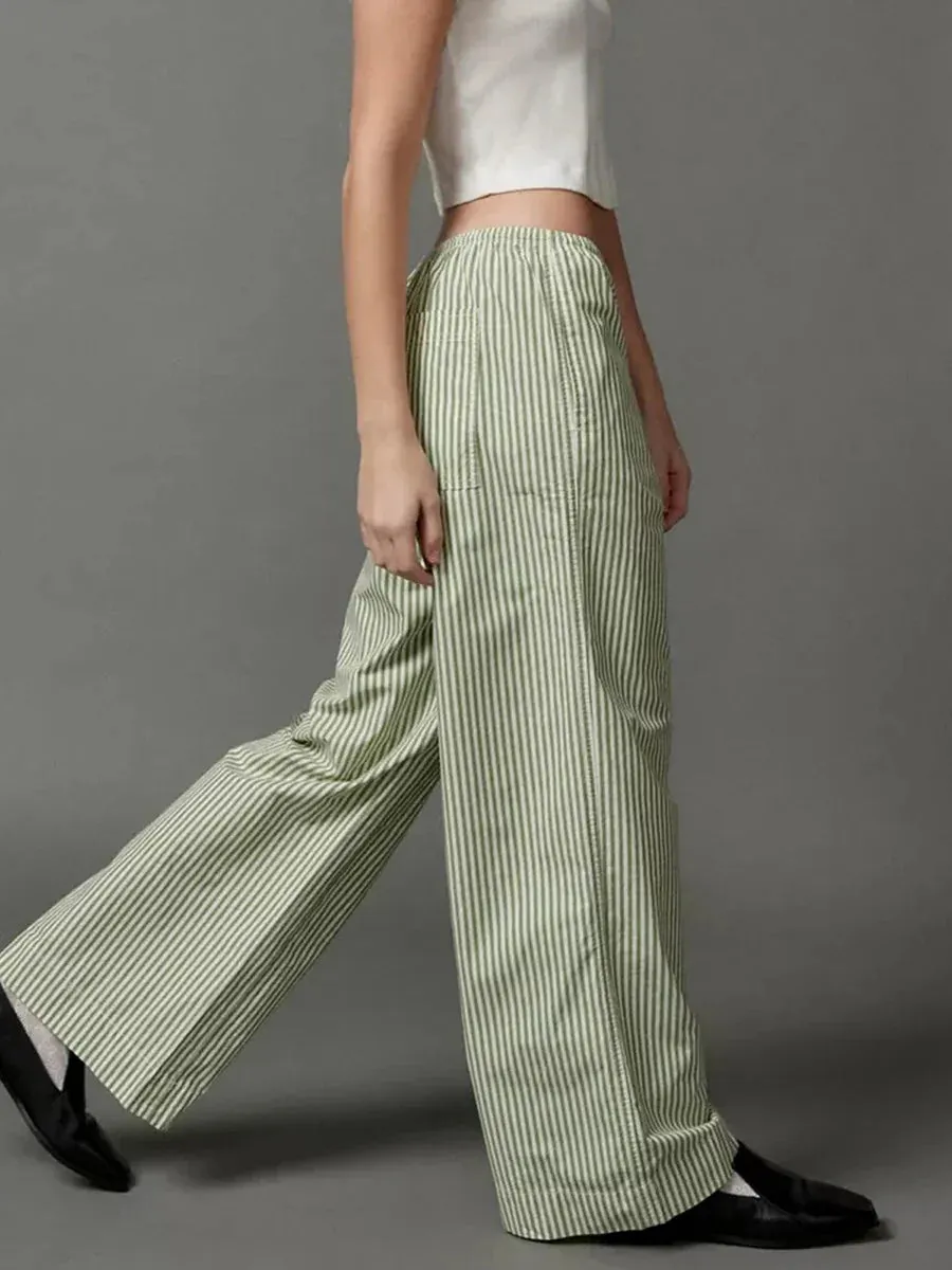 Casual Long Stripe Low-Rise Wide Pocketed Versatile Daily Newly Pants