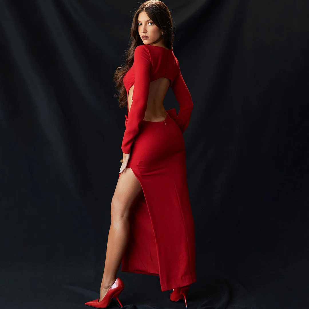 Celebrity Bow Crew Neck Long Sleeve Cutout Evening Maxi Dress - Red