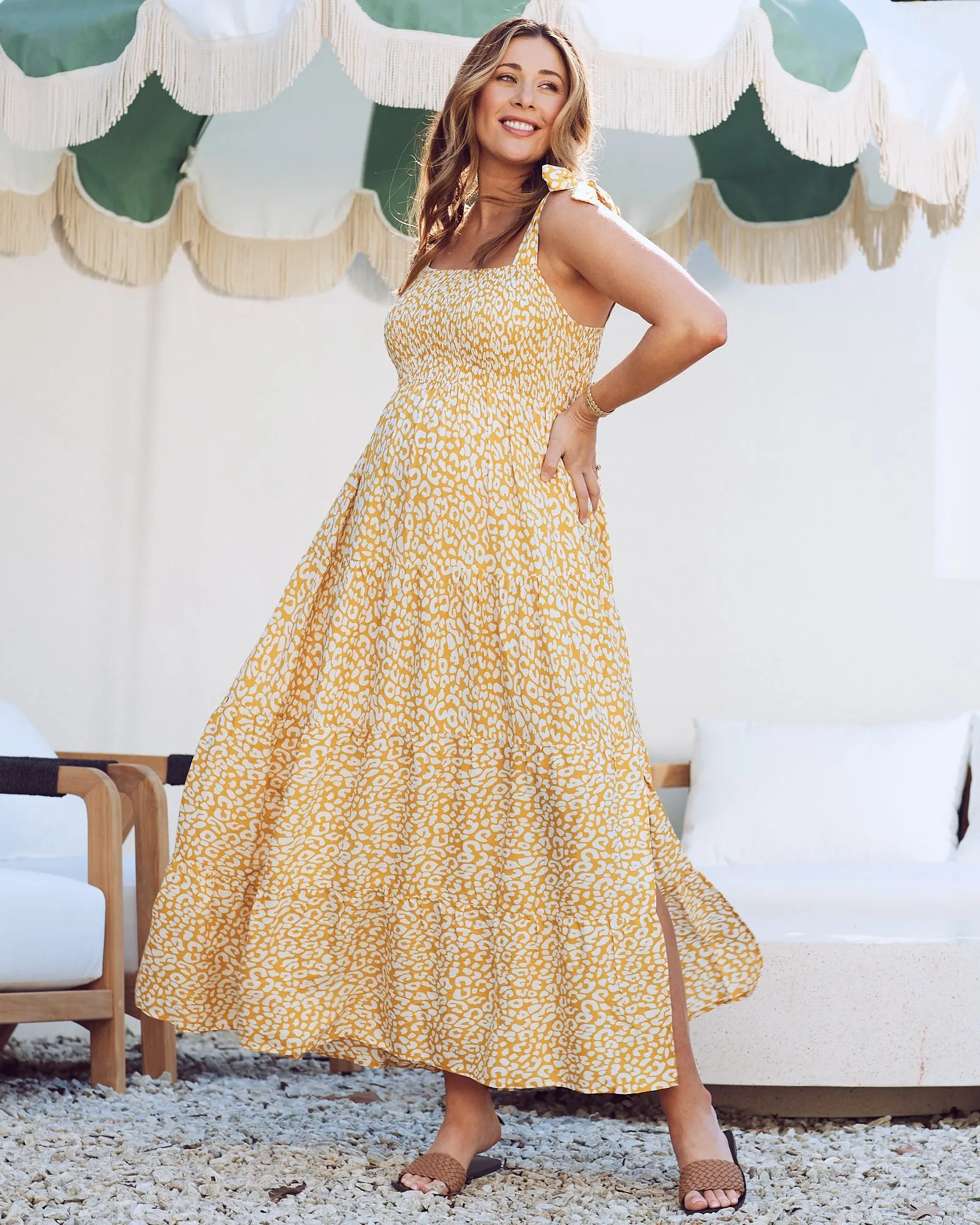 Chelsea Maternity Ruffled Maxi Dress in Yellow Animal Print