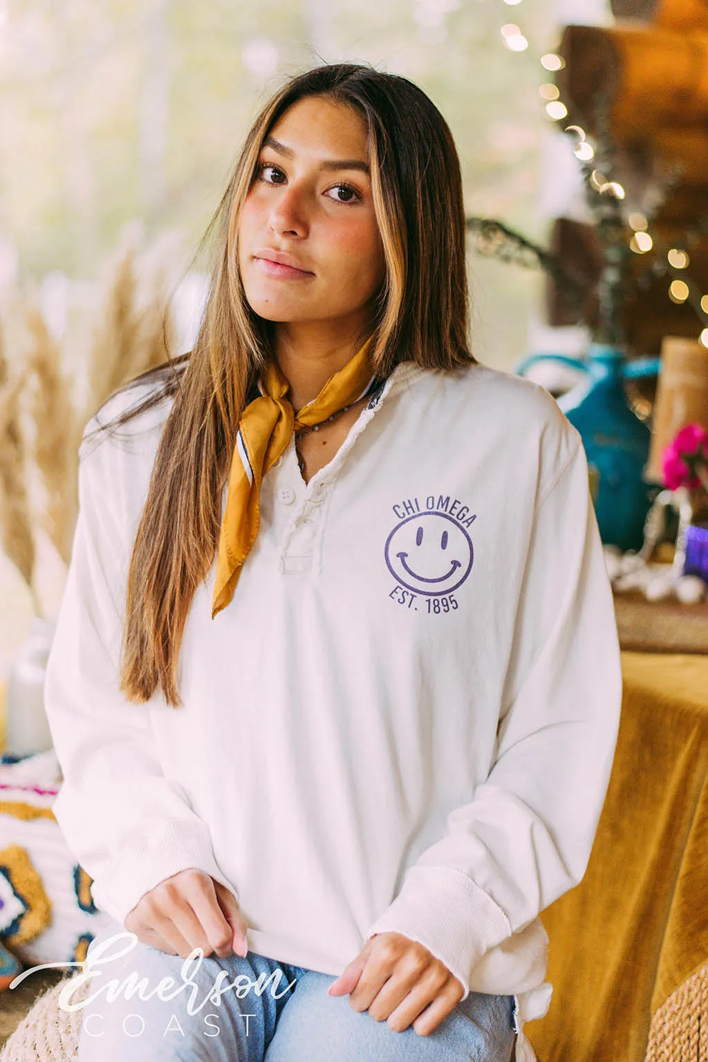 Chi O Smiley Face Thermal Long Sleeve Henley