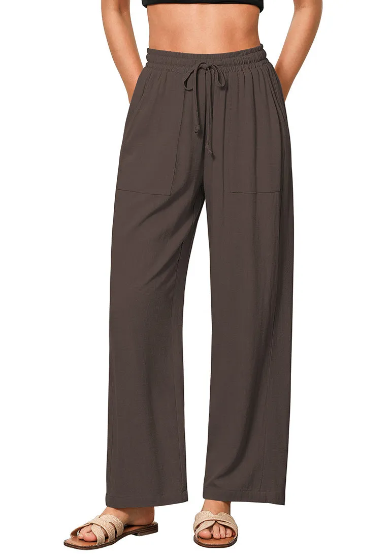 Coffee Brown Women's Lounge Elastic Waist Pants with Pockets Soft Quick Dry Wide Leg